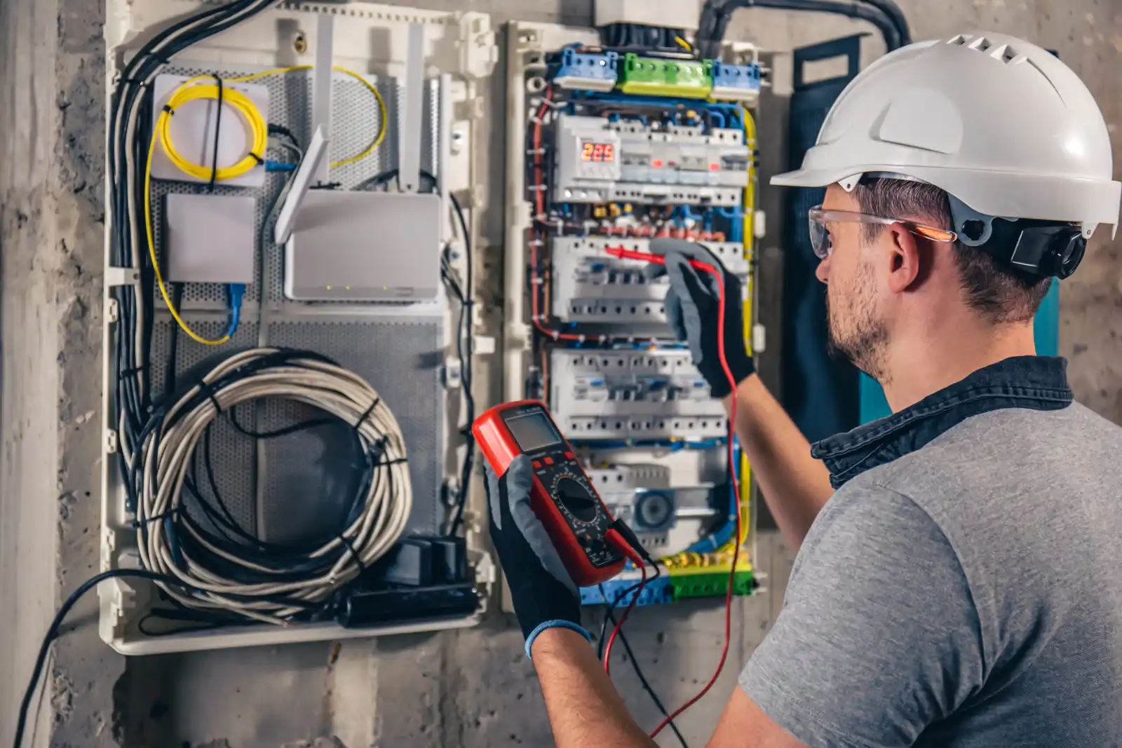 Électricien contrôlant un tableau électrique à fusibles